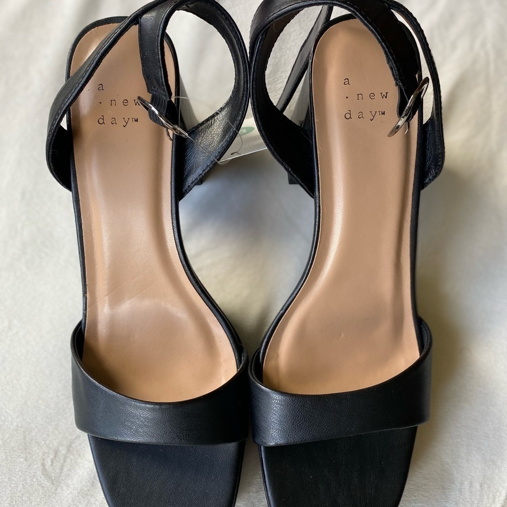 A New Day Black Sandals with Ankle Strap and Open Square Toe Chunky Heel - Picture 2 of 6